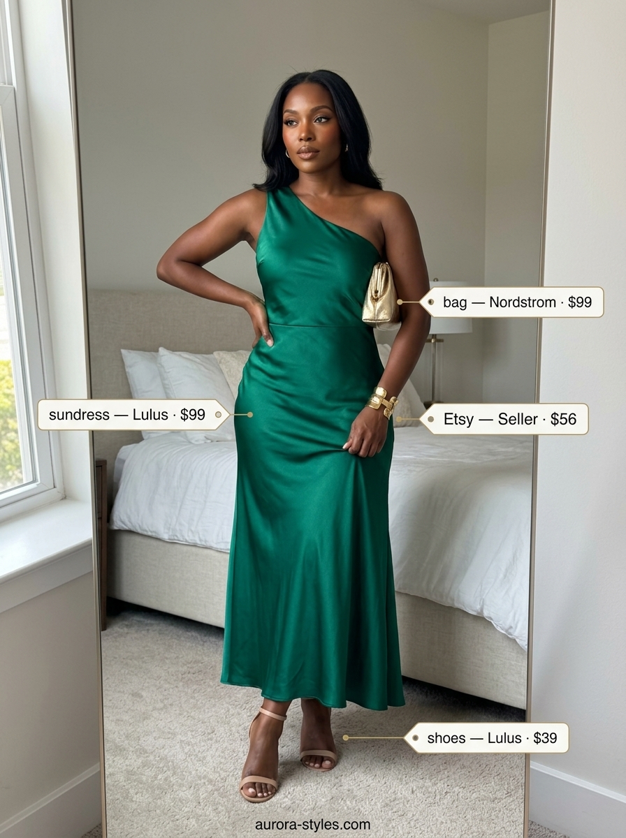Emerald green one-shoulder maxi sundress, gold heels, and clutch for a resort evening. Summer sundresses for women 2026.