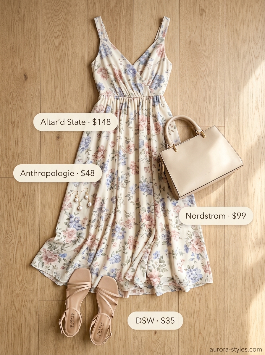 Floral maxi sundress for women 2026, perfect for garden parties with nude heels and pearl earrings.