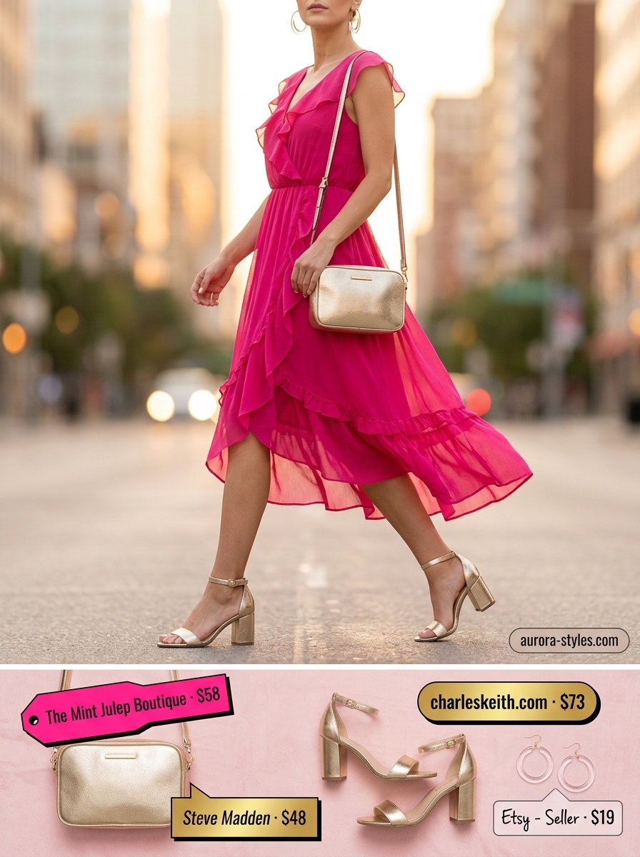 Fuchsia wrap sundress, gold block heels, and mini bag for a vibrant summer party. Summer sundresses for women 2026.