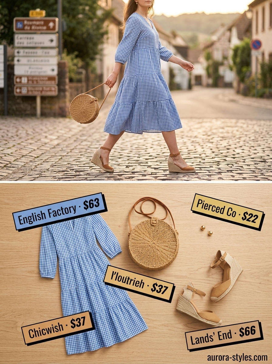 Blue gingham tiered sundress for women 2026, perfect for lakeside BBQs with espadrilles and straw bag.