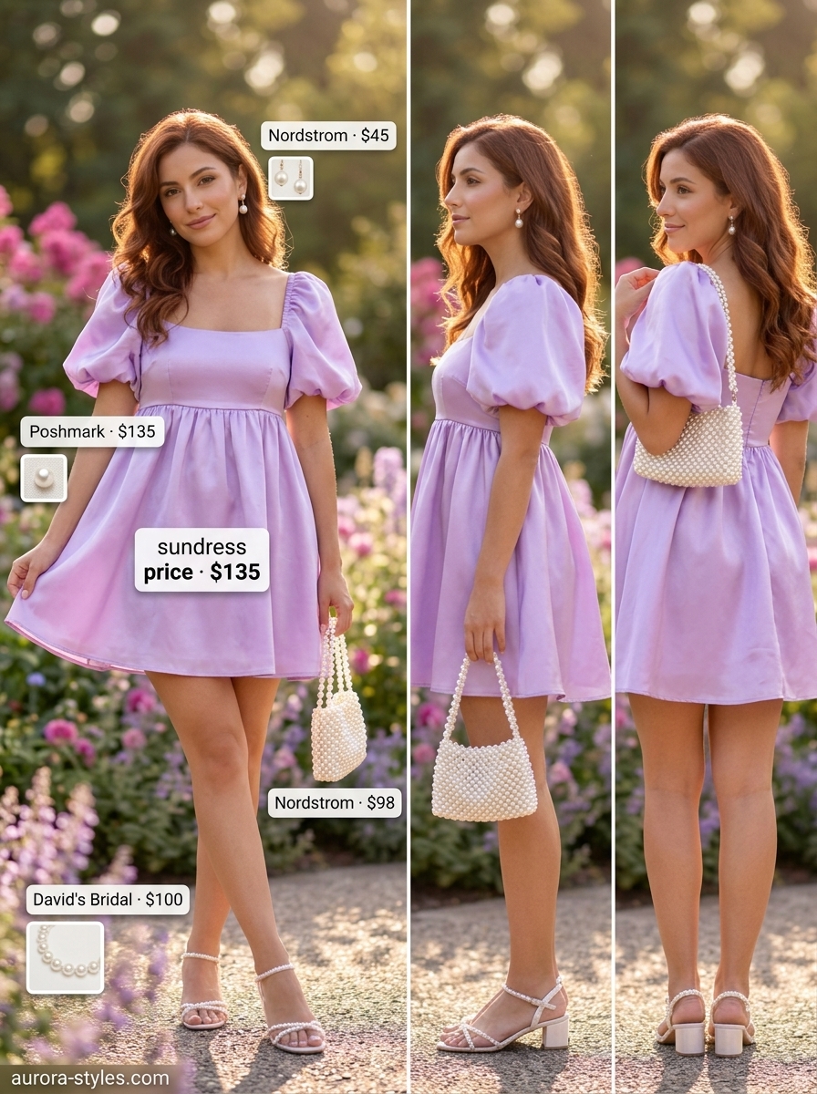 Lavender eyelet lace mini sundress, pearl earrings, and block mules for a garden party. Summer sundresses for women 2026.