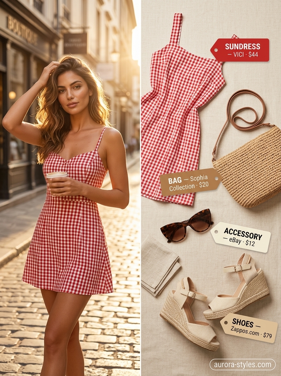 Red and white gingham sundress, straw bag, and espadrille wedges for a retro picnic day outfit. Summer sundresses for women 2026.