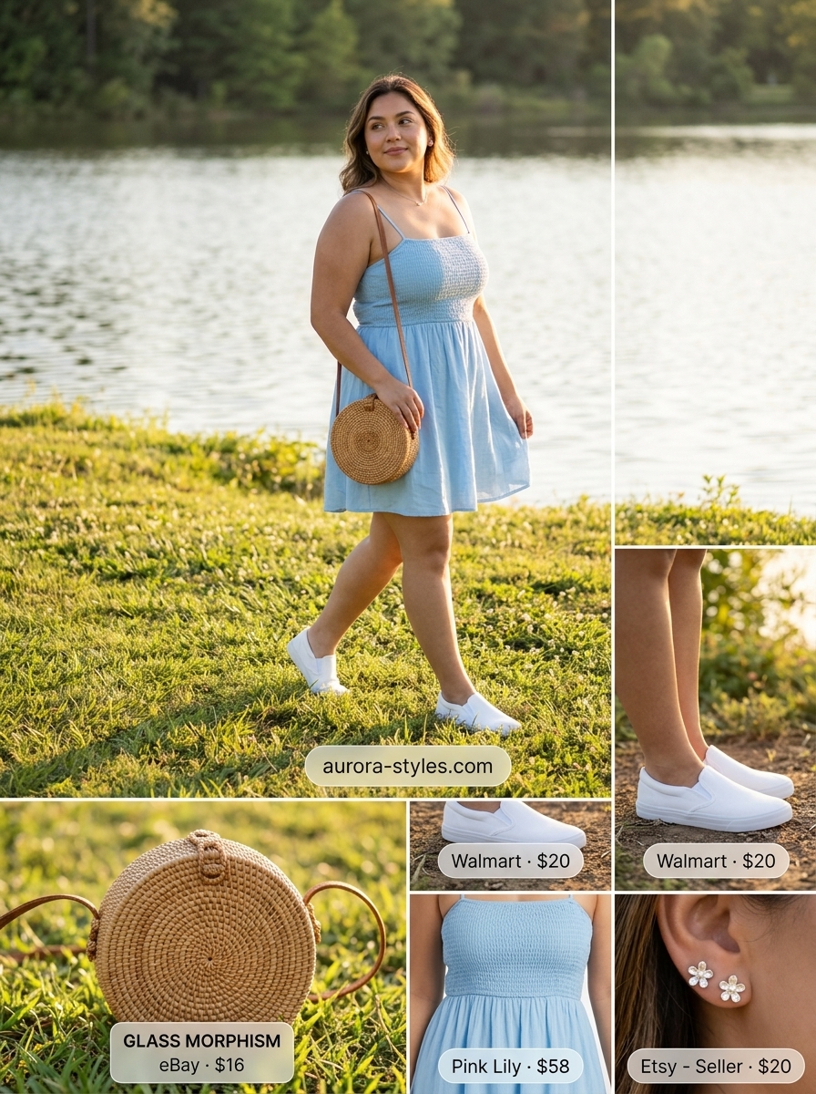 Sky blue smocked mini sundress for women 2026, ideal for picnics with white sneakers and straw hat.