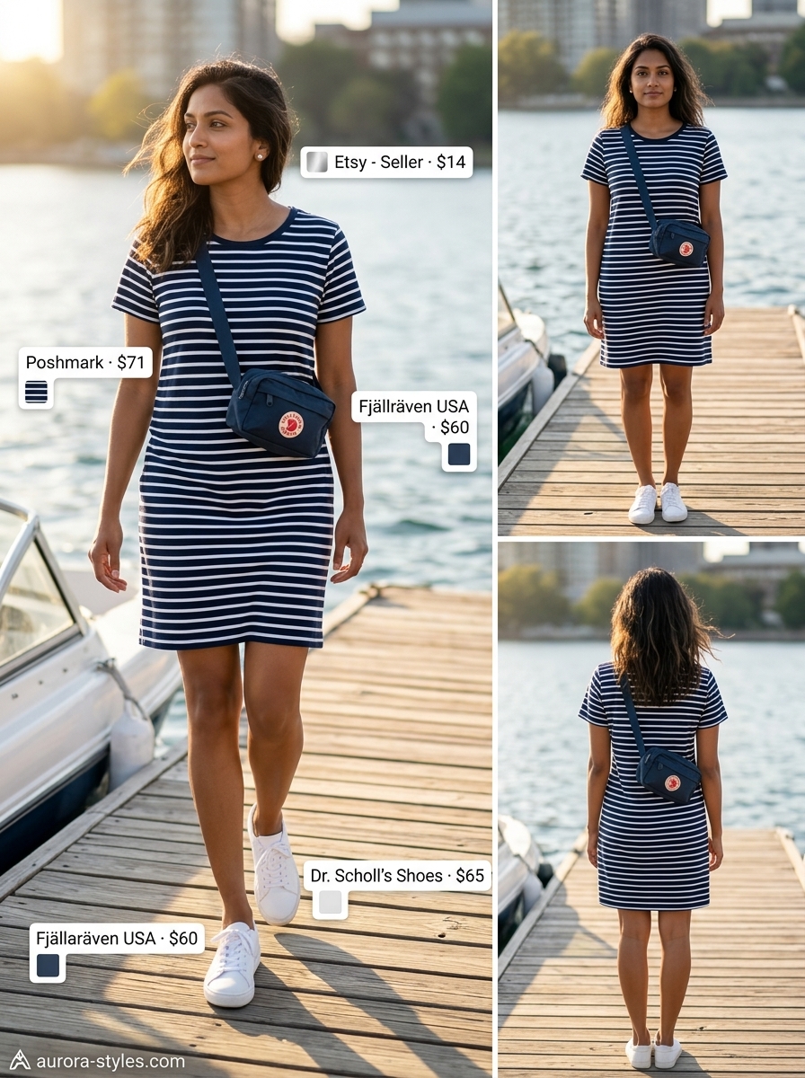Navy and white striped t-shirt sundress, white sneakers, and belt bag for lakeside lounging. Summer sundresses for women 2026.