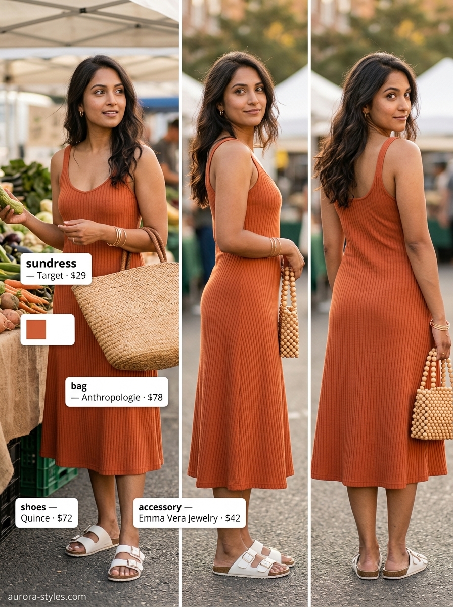 Terracotta orange knit sundress, wooden bead bag, and leather slides for an artsy cafe visit. Summer sundresses for women 2026.