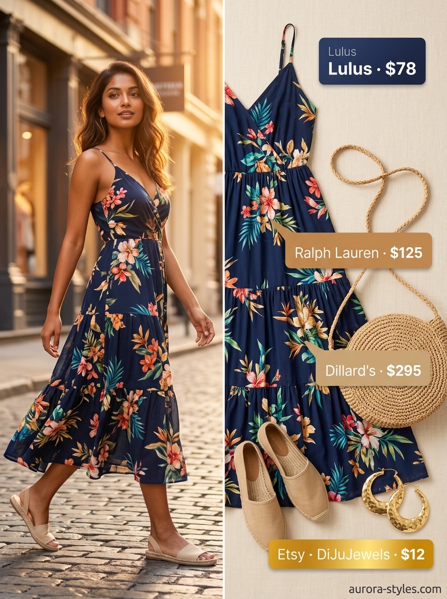 Tropical floral maxi sundress, raffia bag, and espadrille sandals for a vacation getaway. Summer sundresses for women 2026.