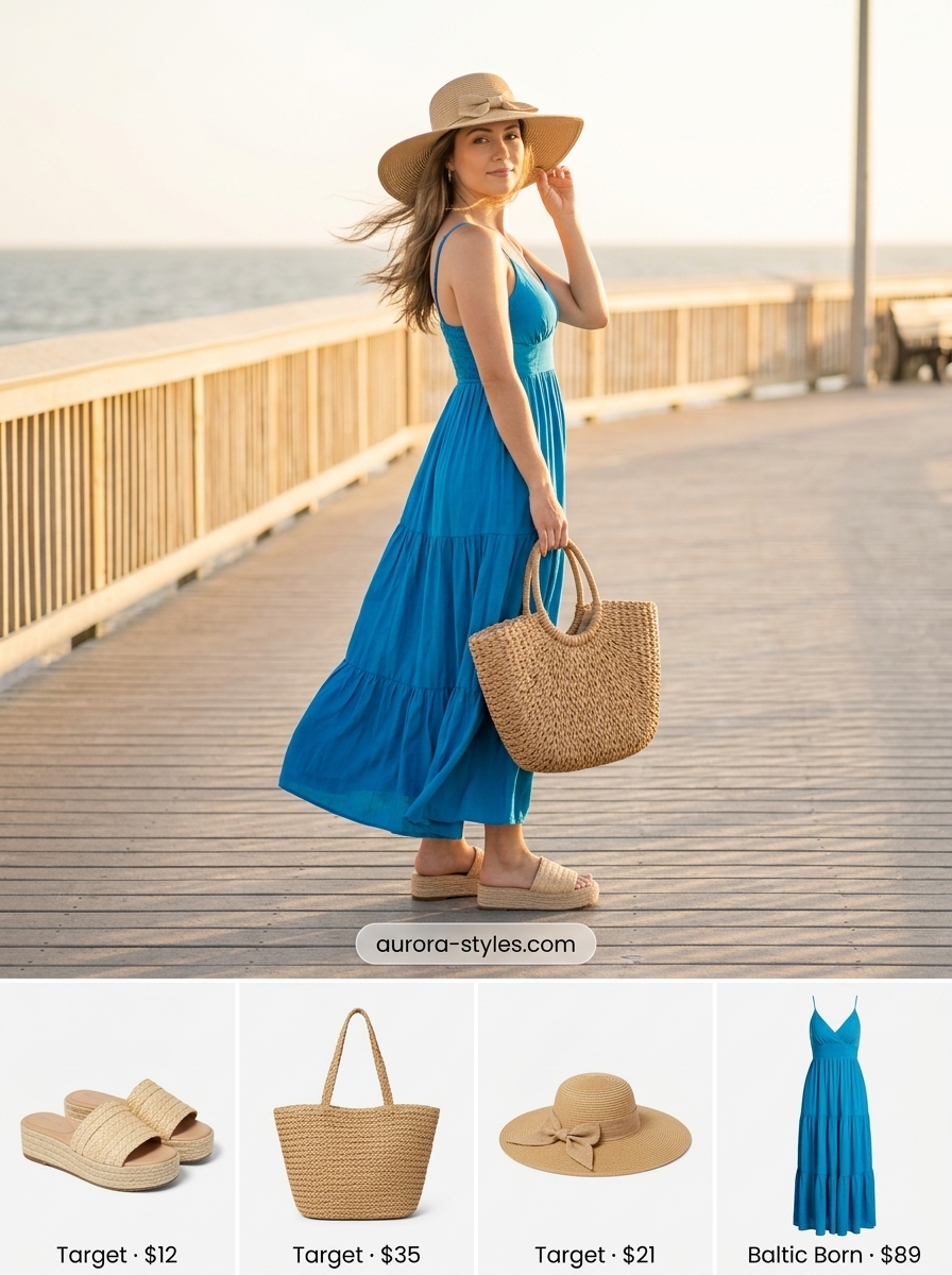 White and blue wave print maxi sundress, straw hat, and tote for a coastal escape. Summer sundresses for women 2026.