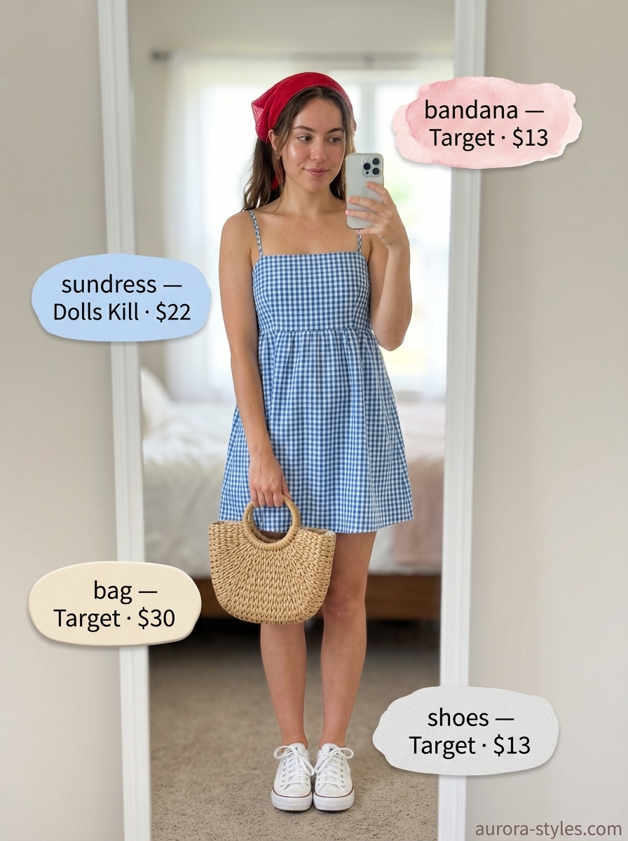 Playful blue gingham babydoll sundress for women 2026, perfect for farmers markets and picnics.