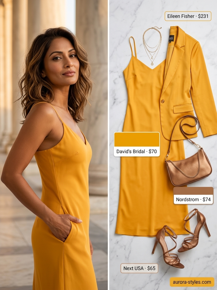 Glamorous marigold yellow satin slip sundress for women 2026, perfect for date nights and cocktail hour.