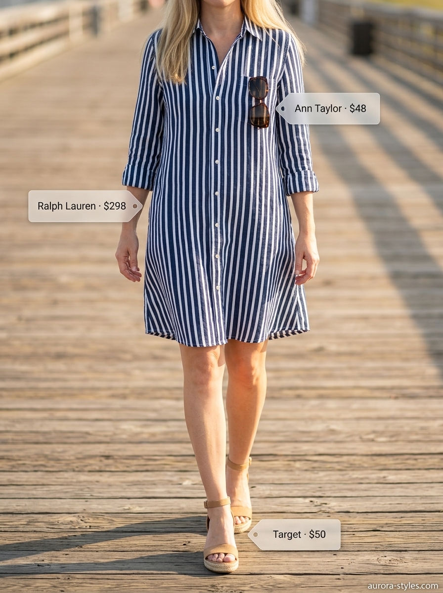 Relaxed navy and white stripe linen shirtdress for women 2026, perfect for coastal getaways and brunch.