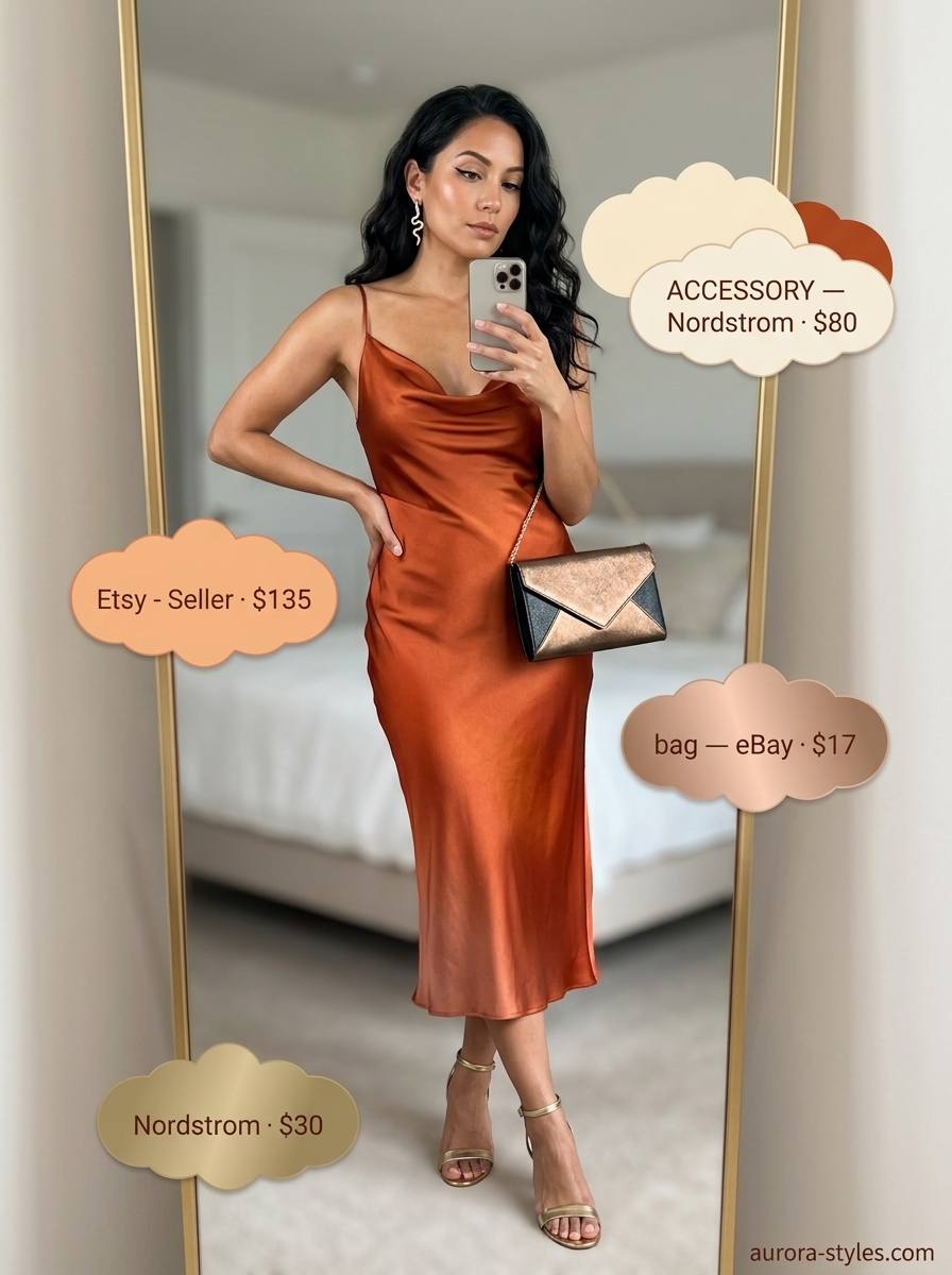 Glamorous rust orange satin slip sundress for women 2026, perfect for vacation dinners and date nights.