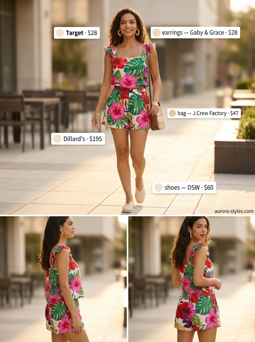 Vibrant beach brunch outfit: floral puff-sleeve top, floral shorts, espadrilles, straw bag. Summer tops outfit for women 2026.
