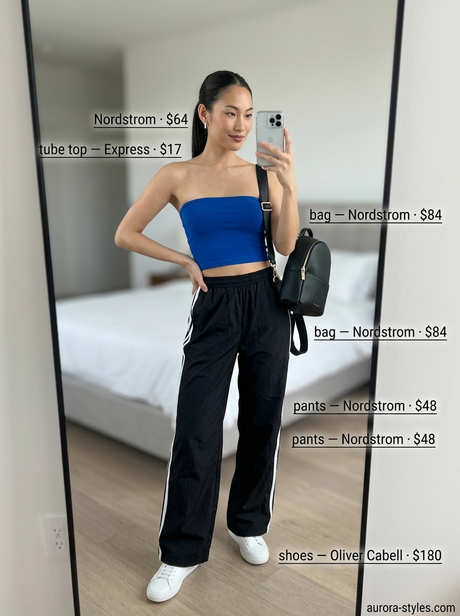 Athleisure City Stroll outfit: Cobalt blue tube top, black track pants, white sneakers. Summer tube top outfits for women 2026.