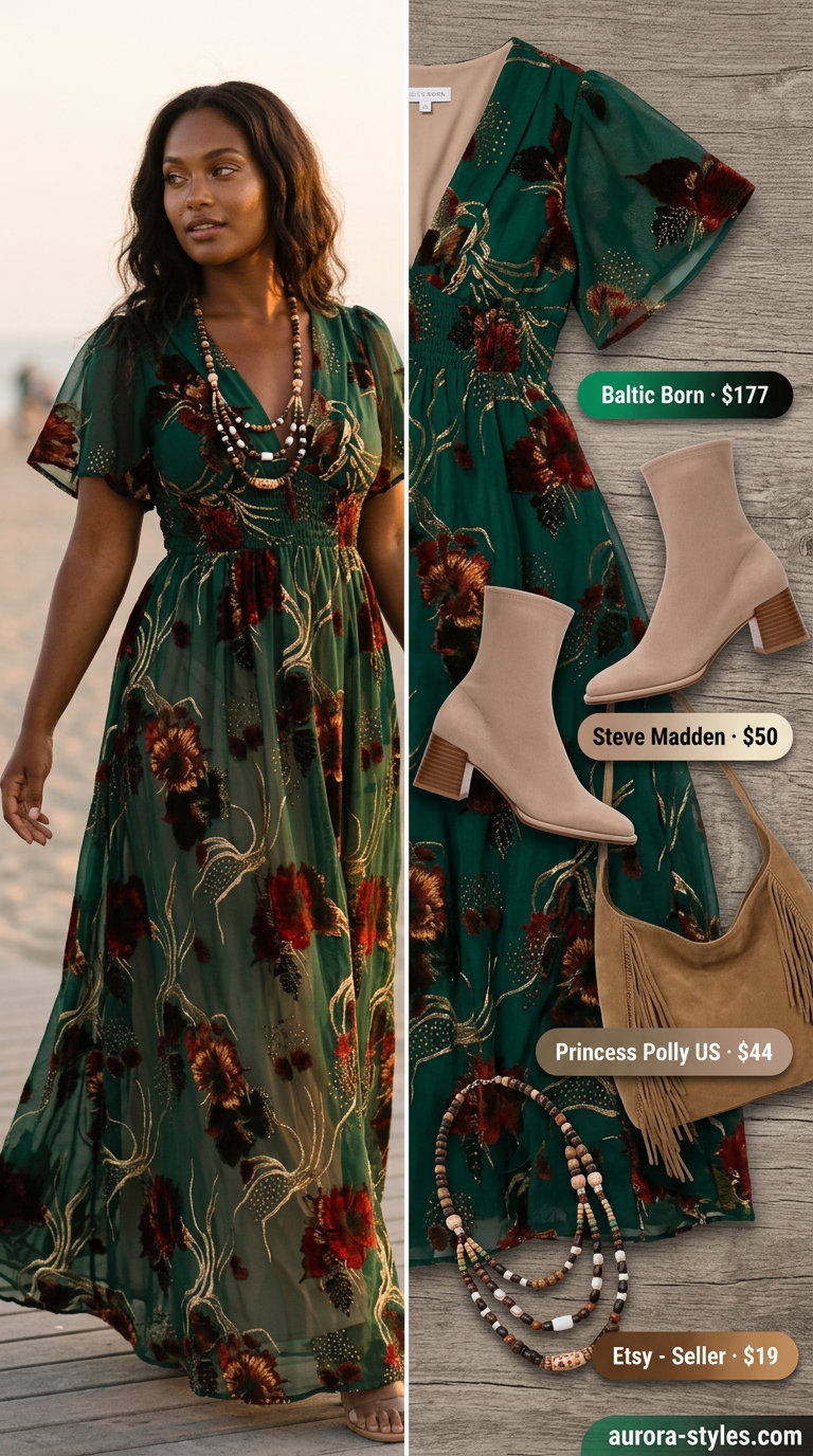 Boho Abstract V-Neck Outfits Women 2026 Boho V-neck maxi dress for summer v-neck outfits women 2026, teal, burgundy abstract print, suede boots.