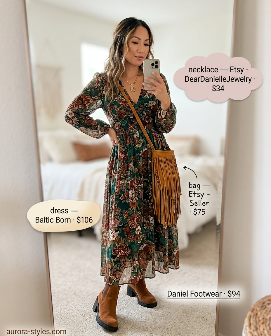 Boho V-Neck Maxi Outfits Women 2026 Boho Rhapsody V-neck maxi dress for summer v-neck outfits women 2026, floral print, ankle boots, fringe bag.