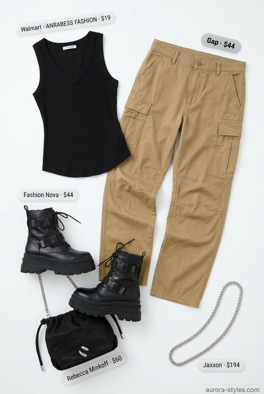Urban V-Neck Outfits Women 2026 Summer V-neck outfits women 2026: Khaki V-neck cargo pants, black tank, combat boots for urban exploration.