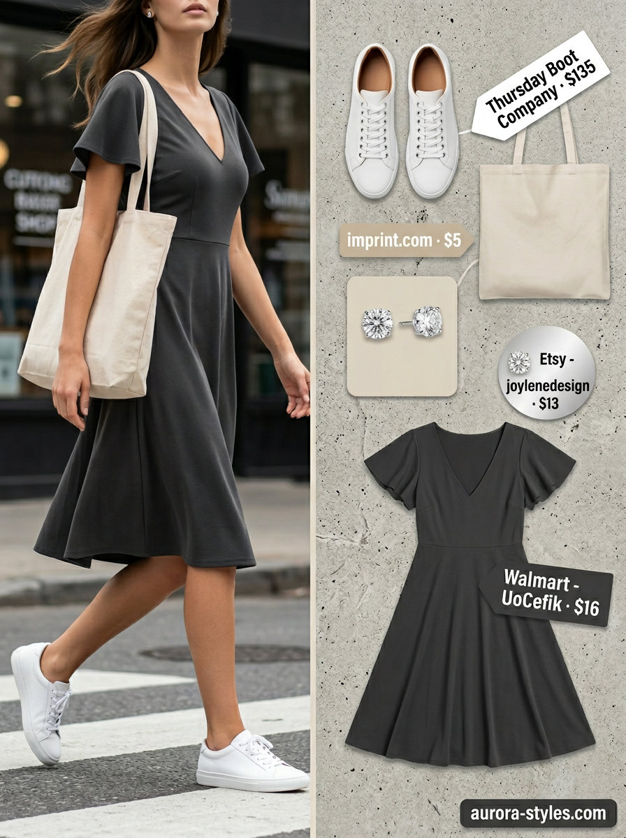 Casual V-Neck Midi Outfits Women 2026 Casual V-neck midi dress for summer v-neck outfits women 2026, charcoal grey, white sneakers, canvas tote.