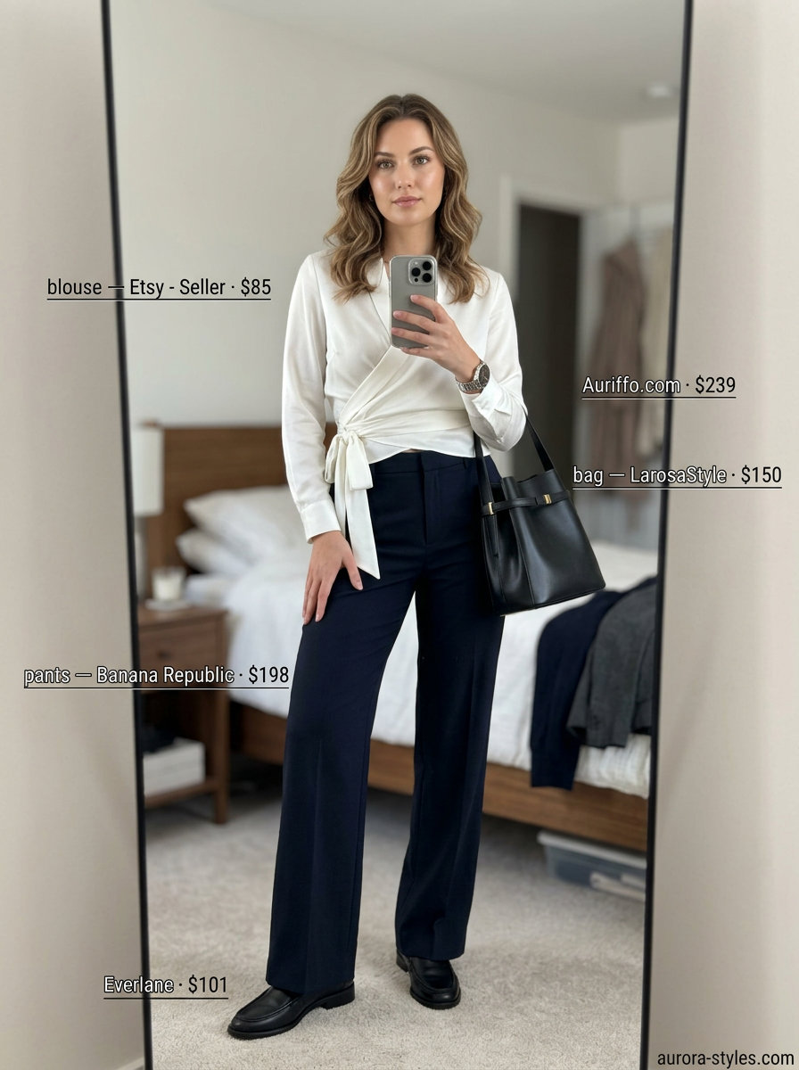 Chic Office V-Neck Blouse Outfits Women 2026 Chic office V-neck blouse for summer v-neck outfits women 2026, ivory, navy trousers, leather loafers.