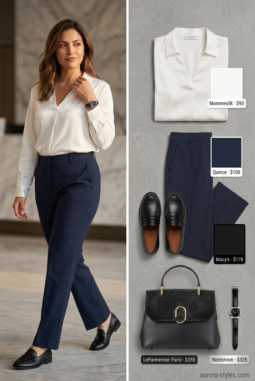 Office V-Neck Outfits Women 2026 | Professional Chic Professional summer v-neck outfits women 2026: Ivory V-neck blouse, navy trousers for office wear.