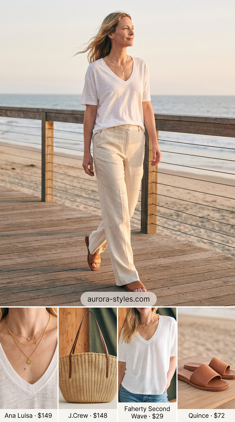 Coastal V-Neck Outfits Women 2026 | Beachy Chic Breezy summer v-neck outfits women 2026: Cream knit V-neck top, linen pants, straw tote for coastal style.