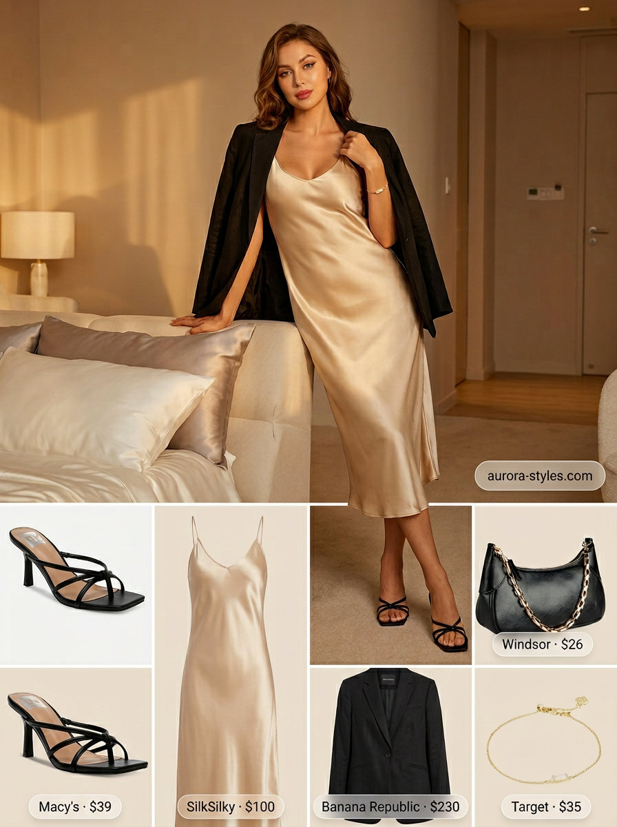 Versatile V-Neck Slip Dress Outfits Women 2026 Day to Night V-neck slip dress for summer v-neck outfits women 2026, champagne, black blazer, heeled sandals.