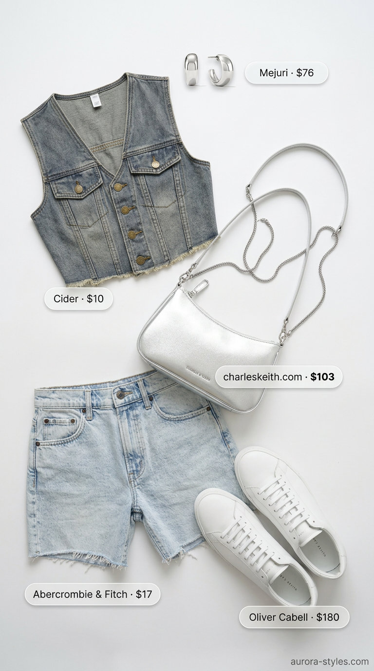Chic V-Neck Outfits Women 2026 Summer V-neck outfits women 2026: Denim V-neck crop top, matching shorts, white sneakers for casual chic style.