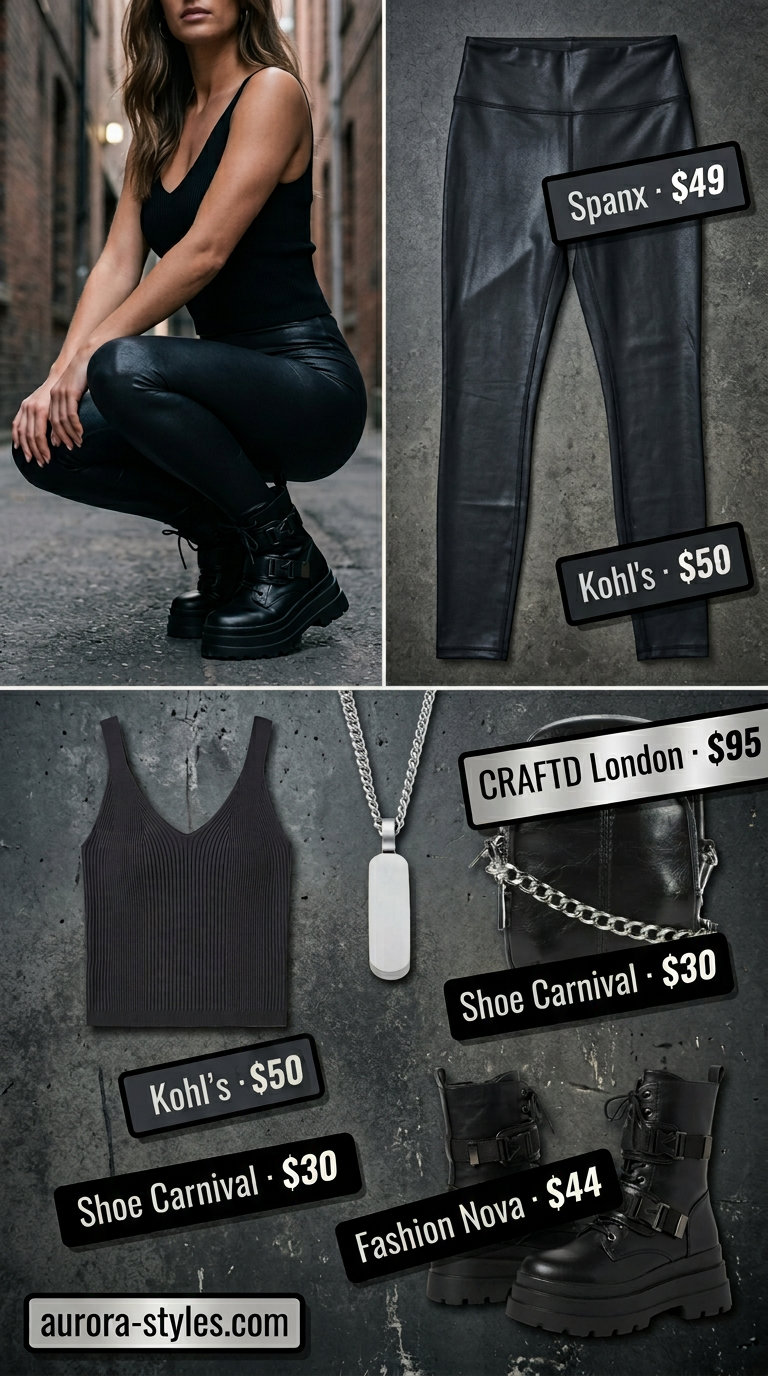 Edgy V-Neck Outfits Women 2026 Summer V-neck outfits women 2026: Edgy black V-neck tank, faux leather leggings, combat boots for concert style.