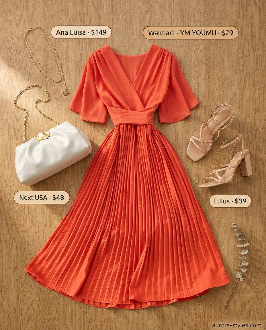 Glamorous V-Neck Outfits Women 2026 | Evening Dress Glamorous summer v-neck outfits women 2026: Coral V-neck wrap dress for evening events.