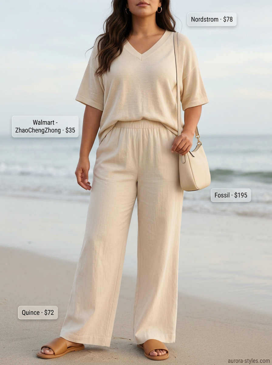 Chic V-Neck Outfits Women 2026 Summer V-neck outfits women 2026: Cream knit set, leather slides, crossbody bag for casual weekend style.