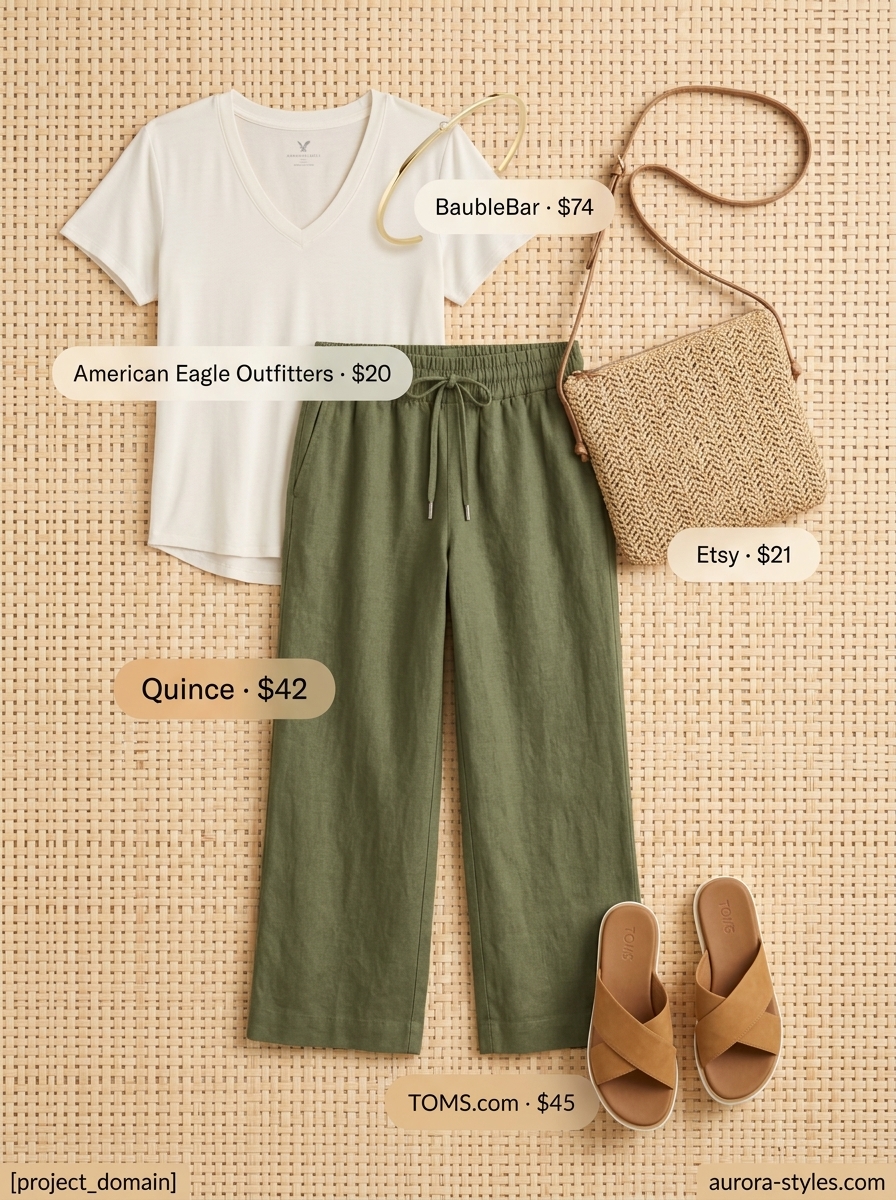 Coastal V-Neck Outfits Women 2026 Summer V-neck outfits women 2026: Sage green linen pants, cream V-neck tee, straw bag for coastal town style.