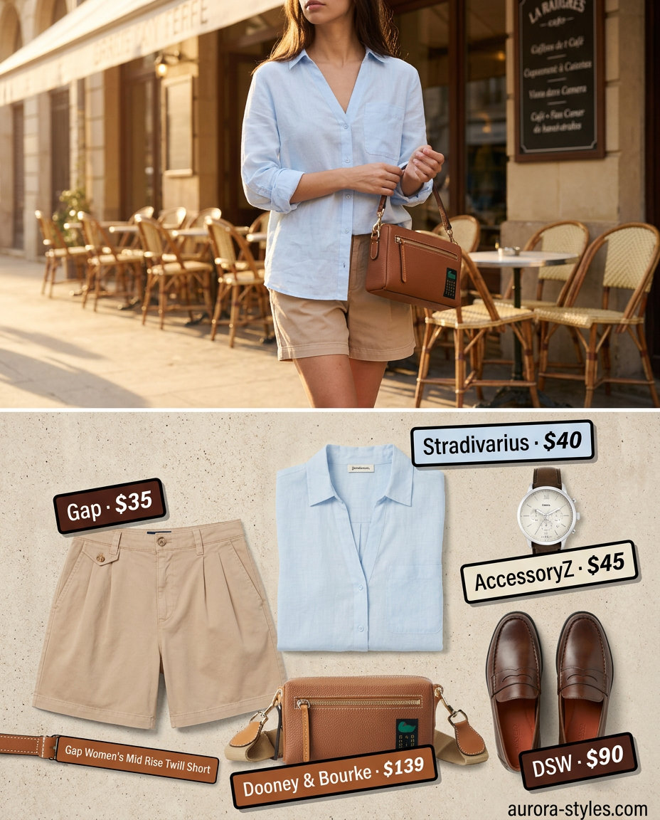 Polished V-Neck Outfits Women 2026 Summer V-neck outfits women 2026: Light blue linen shirt, beige chino shorts, penny loafers for casual office style.