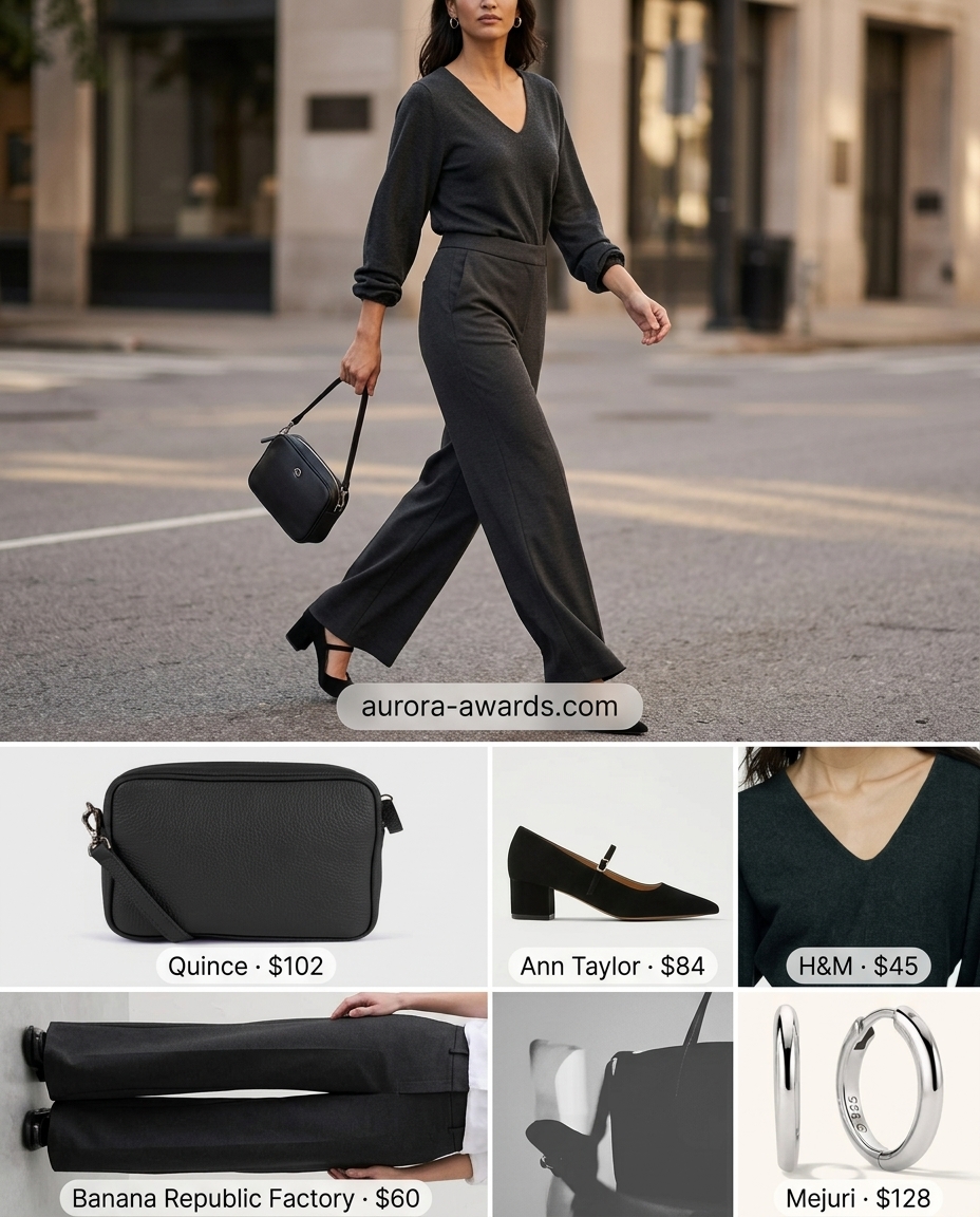 Monochrome V-Neck Outfits Women 2026 | Sleek Style Sleek summer v-neck outfits women 2026: Charcoal V-neck top, wide-leg pants for a monochrome look.