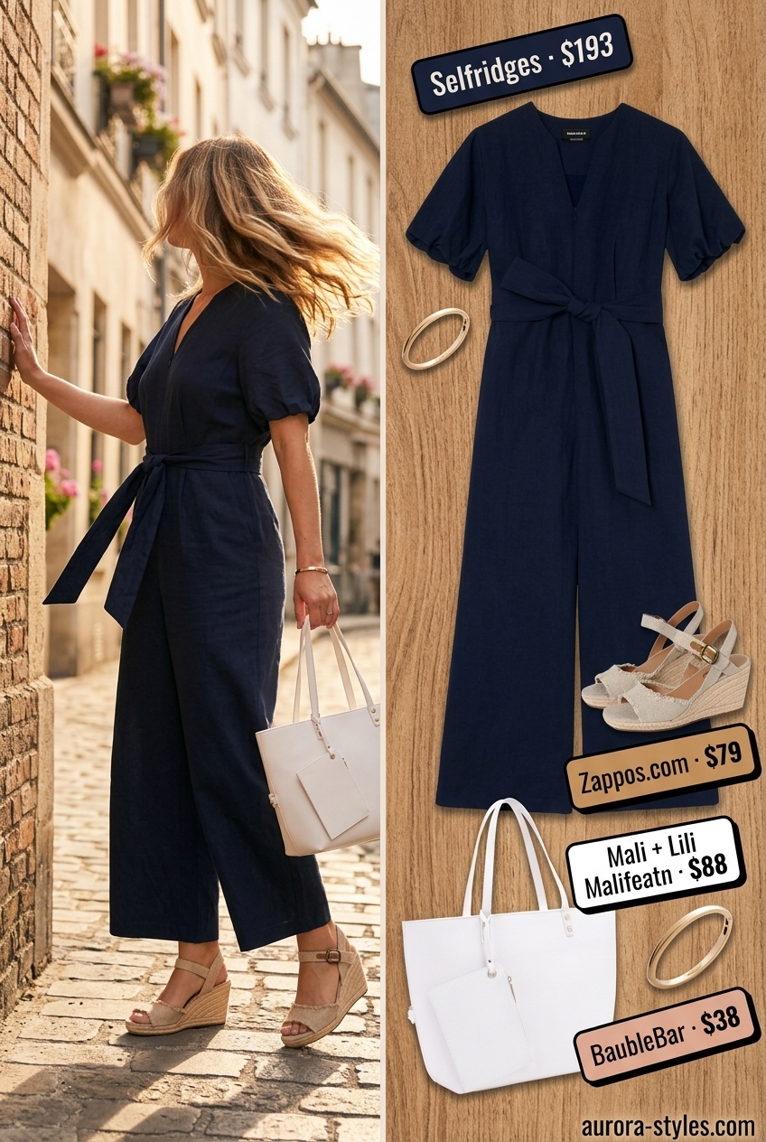 Relaxed V-Neck Jumpsuit Outfits Women 2026 Relaxed V-neck jumpsuit for summer v-neck outfits women 2026, navy blue, espadrille wedges, canvas tote.