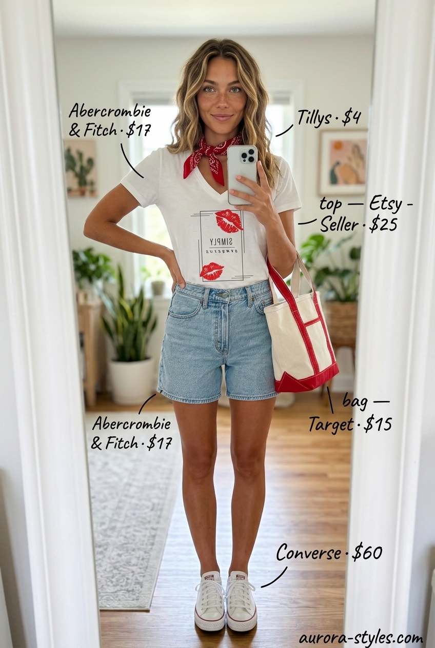 Retro V-Neck Outfits Women 2026 | Casual Vibes Retro summer v-neck outfits women 2026: White graphic tee, denim shorts, red bandana for casual weekend style.