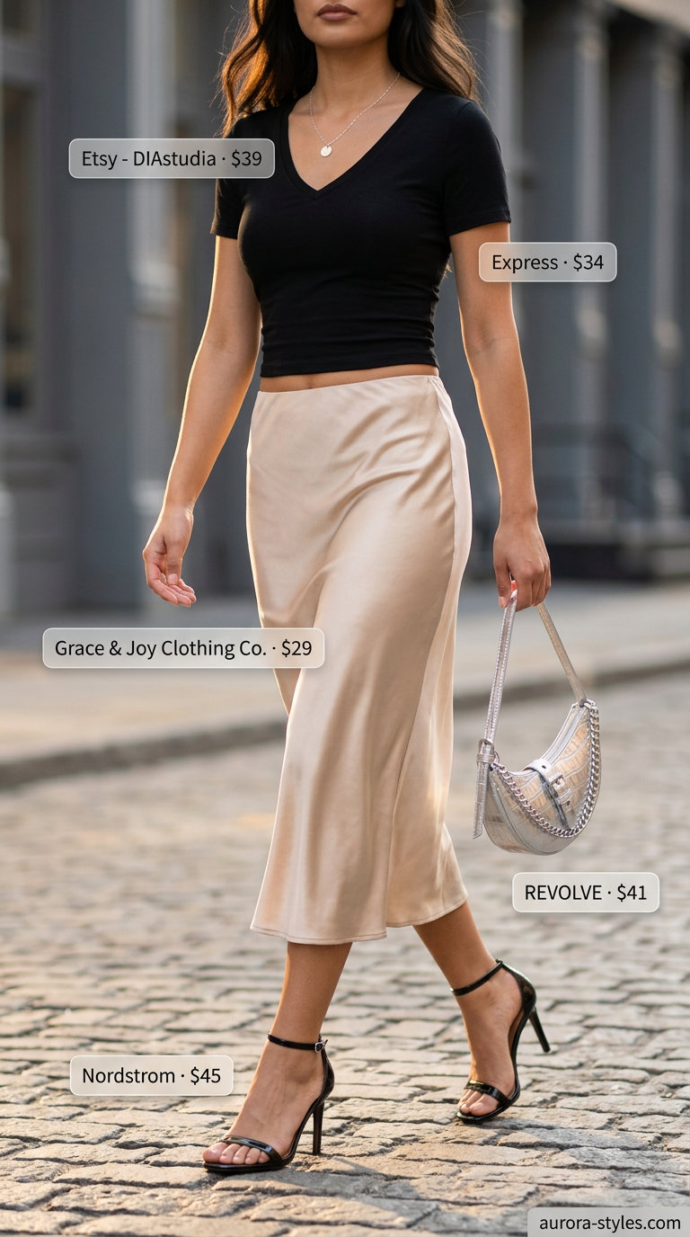 Chic V-Neck Outfits Women 2026 Summer V-neck outfits women 2026: Champagne slip skirt, black V-neck tee, heeled sandals for chic dinner style.