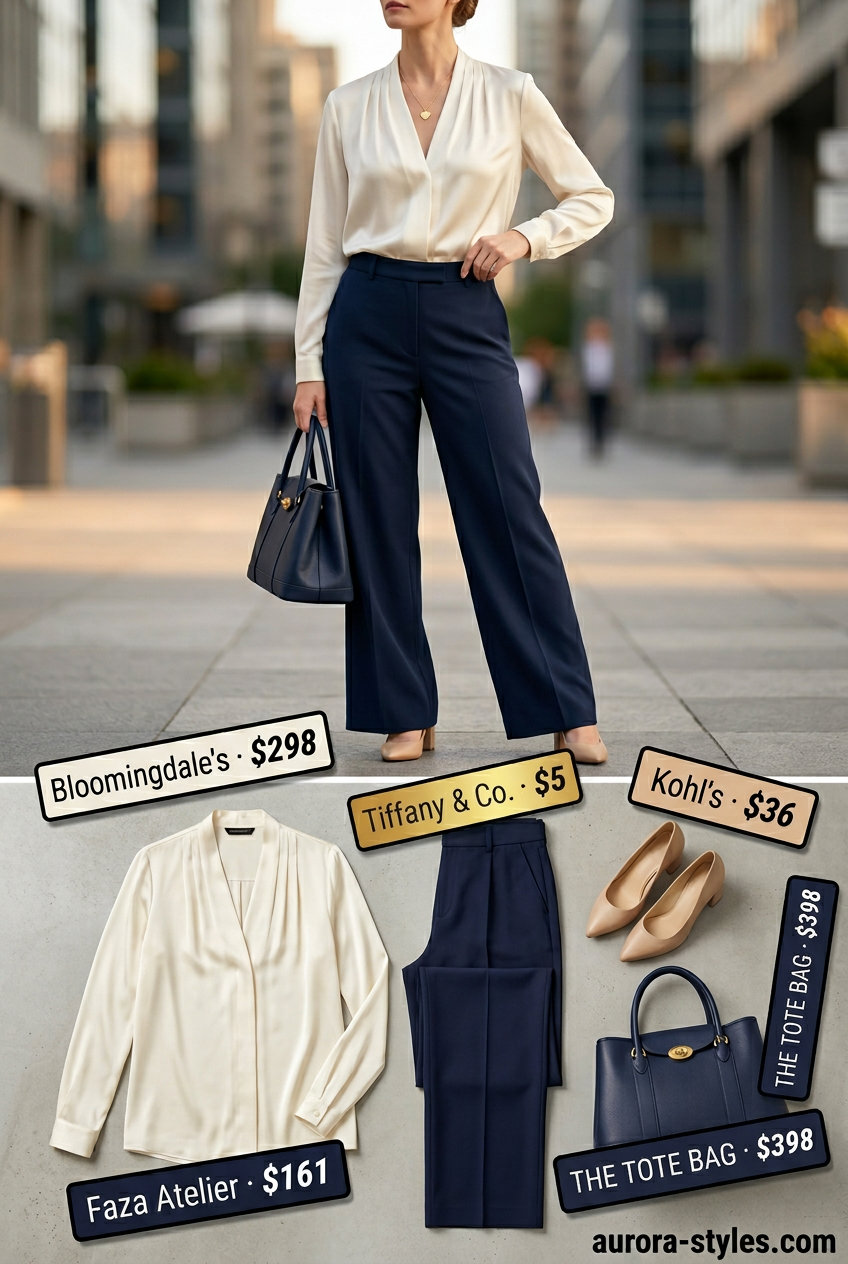 Sophisticated V-Neck Outfits Women 2026 | Business Casual Sophisticated summer v-neck outfits women 2026: Cream V-neck blouse, navy wide-leg pants for business casual.
