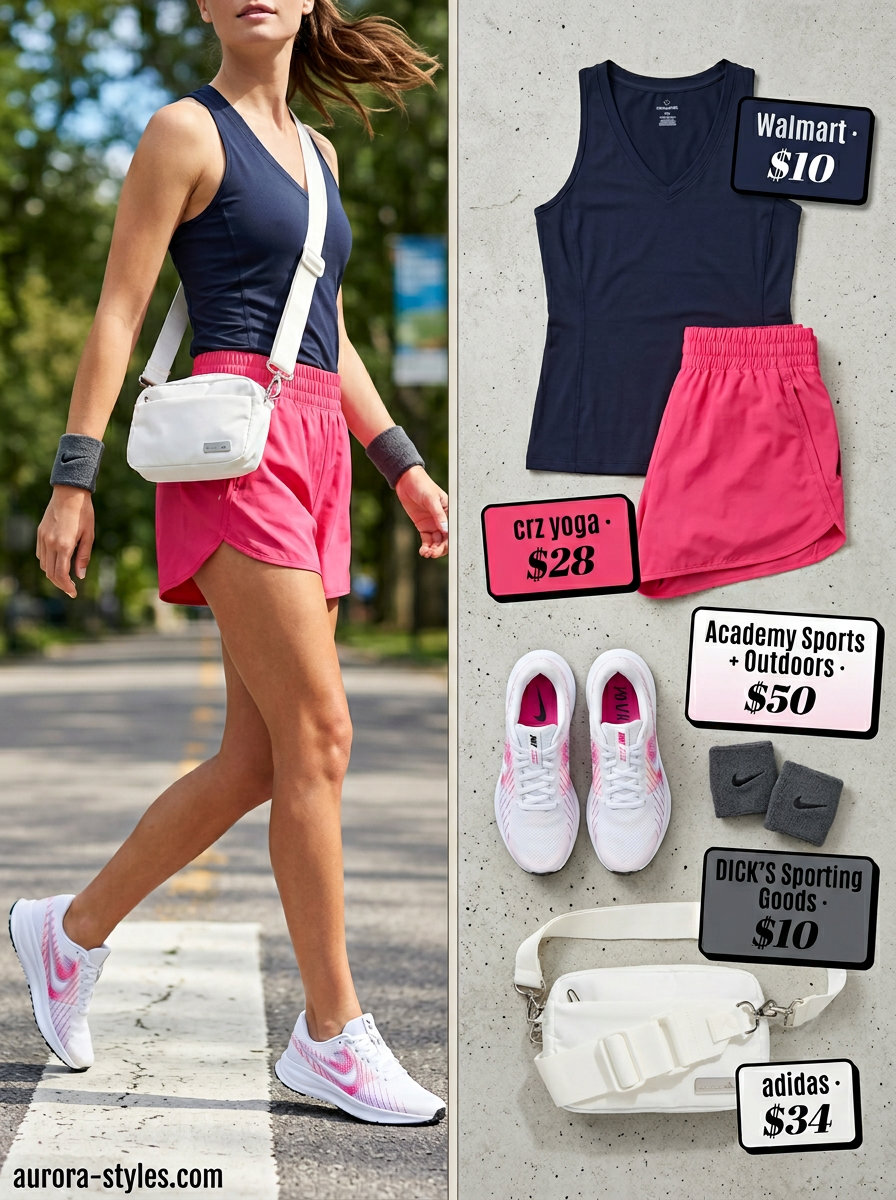 Sporty V-Neck Outfits Women 2026 Summer V-neck outfits women 2026: Grey V-neck athletic tank, pink running shorts, sneakers for sporty errands.
