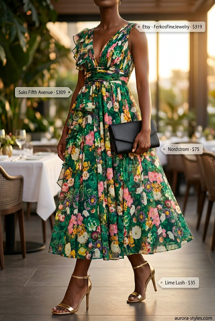 Elegant V-Neck Maxi Outfits Women 2026 Sunset V-neck maxi dress for summer v-neck outfits women 2026, coral floral, gold sandals, statement earrings.