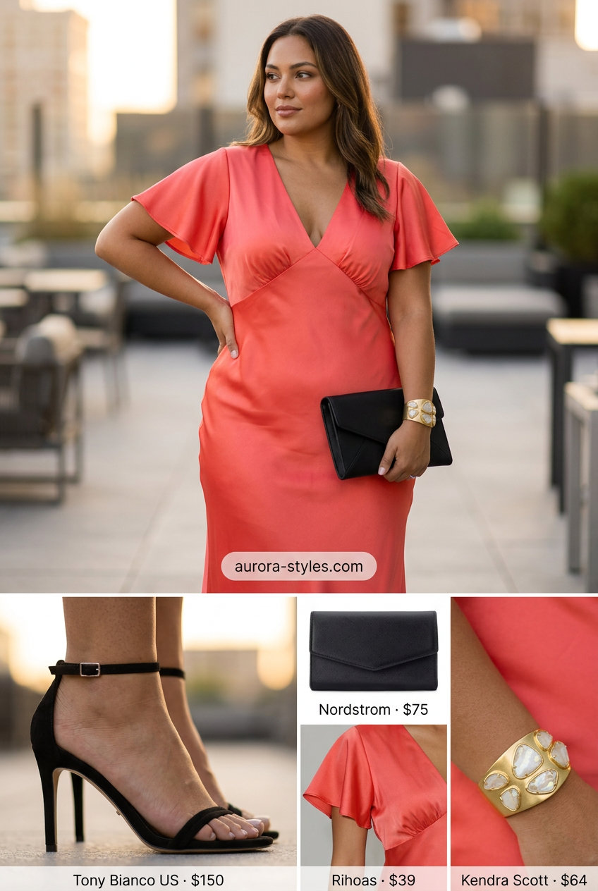 Sunset V-Neck Midi Outfits Women 2026 Sunset V-neck midi dress for summer v-neck outfits women 2026, coral satin, strappy heels, statement cuff.