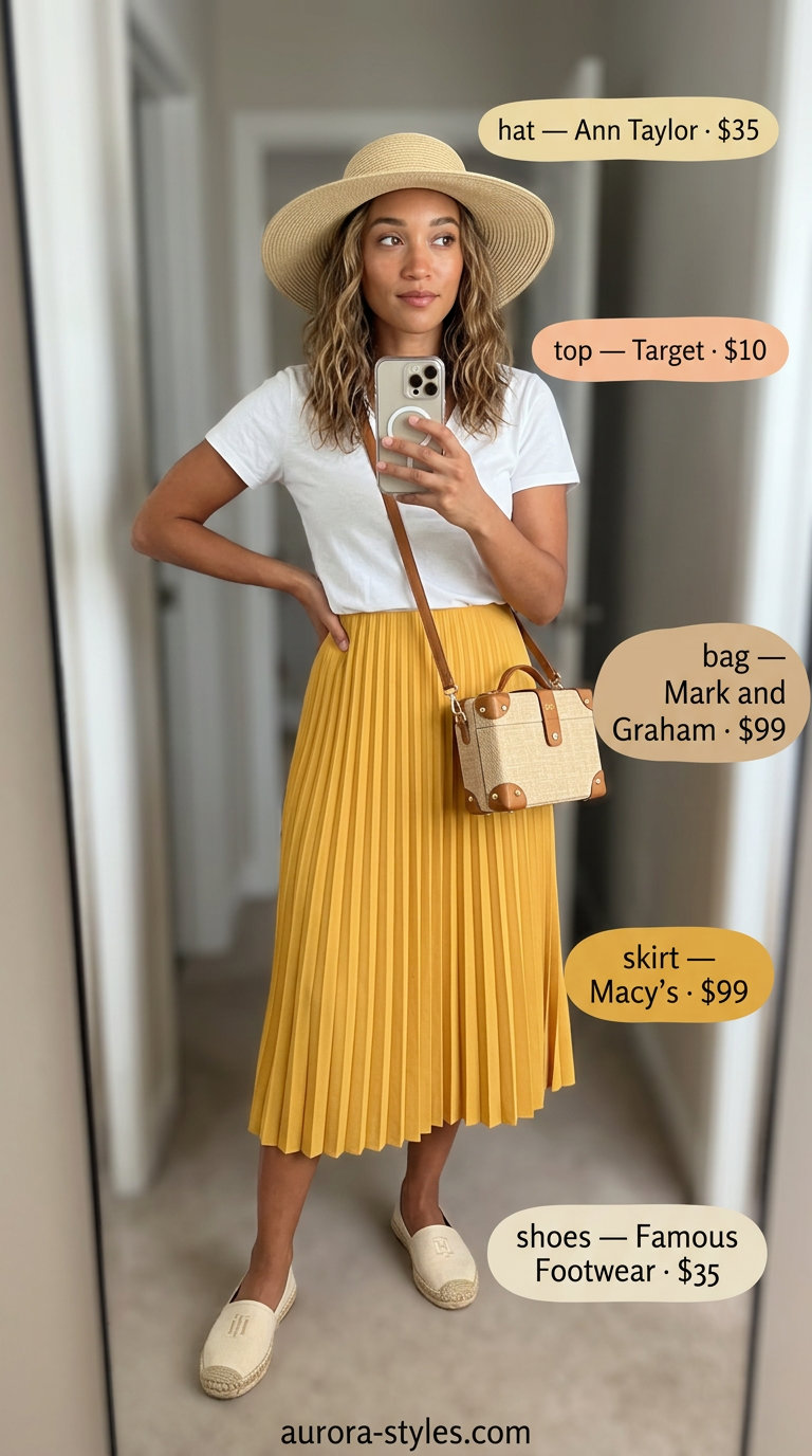Chic V-Neck Outfits Women 2026 Summer V-neck outfits women 2026: Mustard yellow A-line skirt, white V-neck tee, straw hat for picnic style.