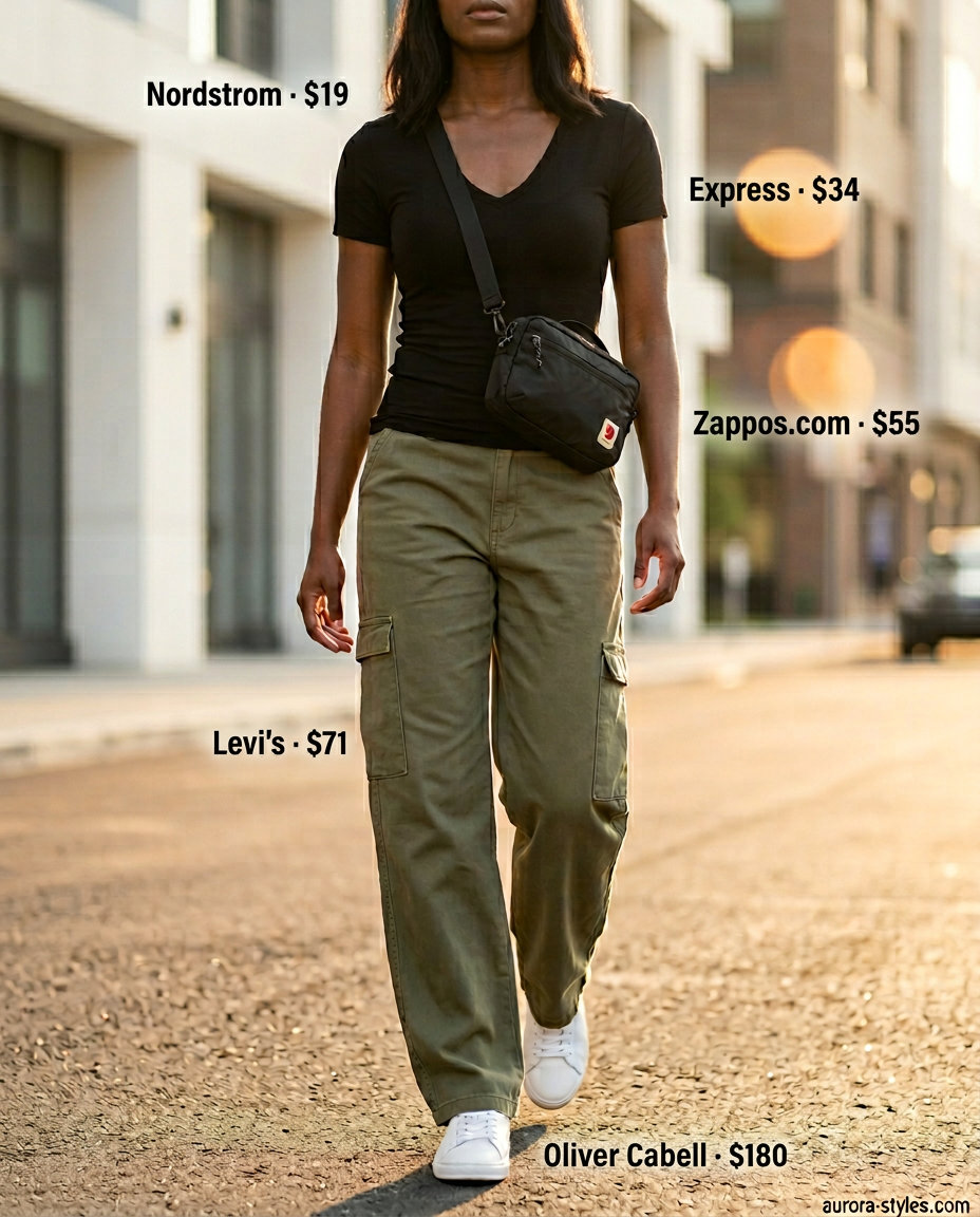 Urban V-Neck Outfits Women 2026 | Street Style Cool Urban summer v-neck outfits women 2026: Black V-neck tee, olive cargo pants for street style.