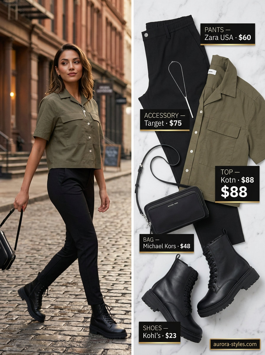 Urban V-Neck Utility Shirt Outfits Women 2026 Urban explorer V-neck shirt for summer v-neck outfits women 2026, olive green, black pants, combat boots.