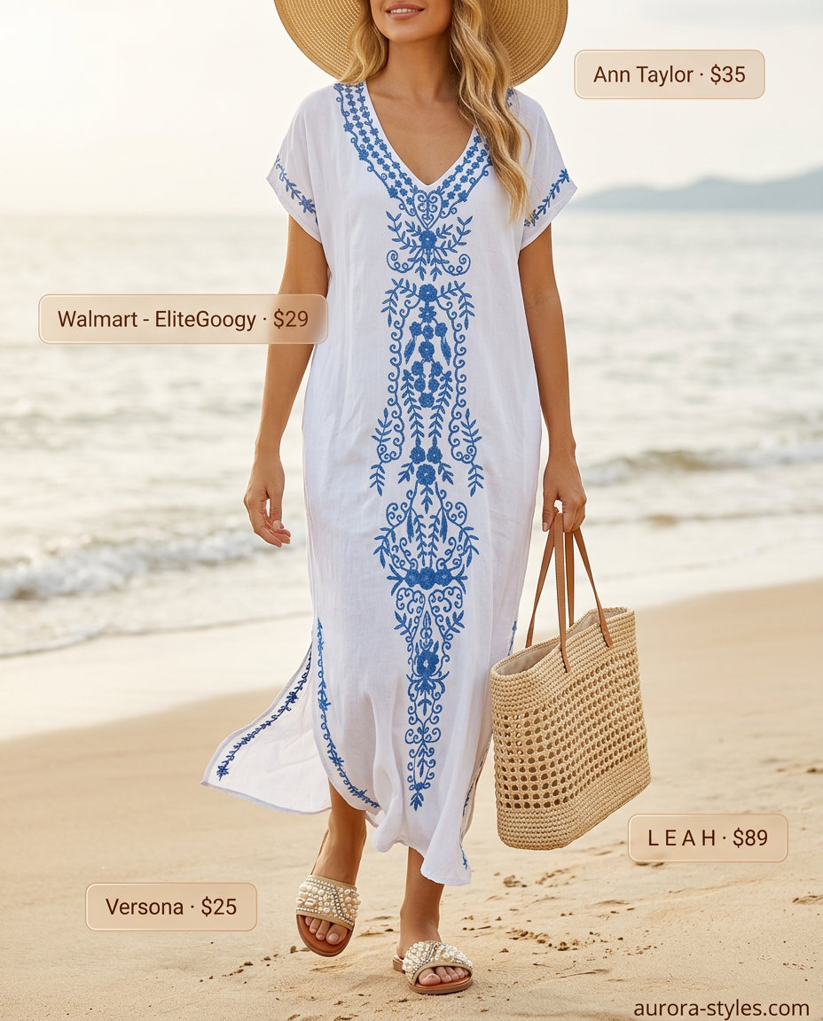 Vacation V-Neck Outfits Women 2026 Summer V-neck outfits women 2026: White V-neck cover-up dress, straw hat, leather sandals for beach vacation style.