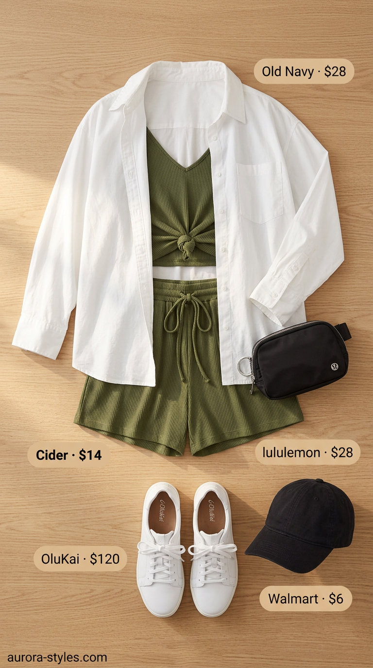 Trendy V-Neck Outfits Women 2026 | Weekend Set Trendy summer v-neck outfits women 2026: Olive V-neck crop top, biker shorts set for weekend wear.