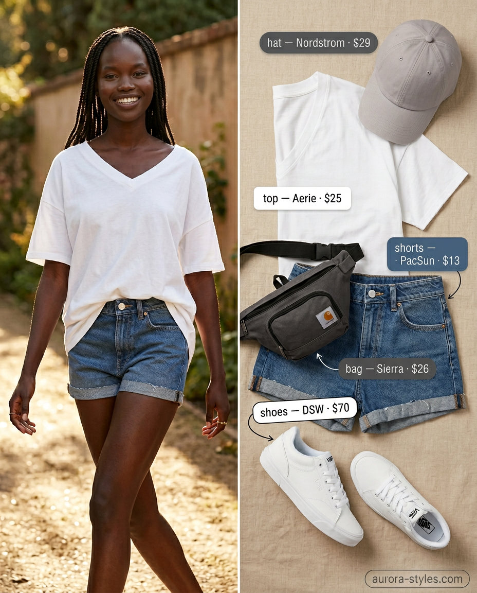 Casual V-Neck Outfits Women 2026 | Weekend Style Casual summer v-neck outfits women 2026: White V-neck tee, denim shorts, grey cap for weekend errands.