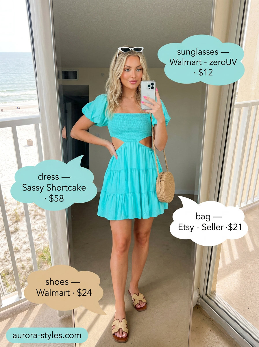 Turquoise mini sundress, white sunglasses, raffia sandals for summer vacation resort outfits for women 2026.