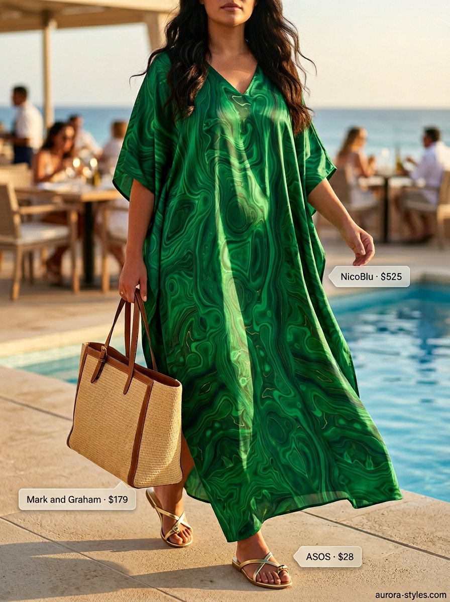 Emerald green silk caftan dress with gold sandals for bohemian summer vacation resort outfits for women 2026.