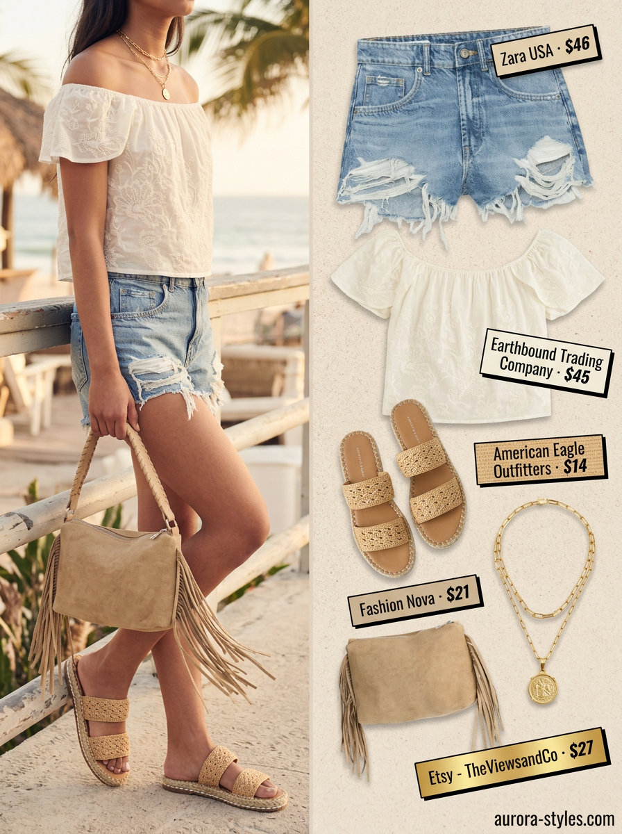 Bohemian coastal resort outfit for women 2026. Denim shorts, cream gauze blouse, tan crossbody bag.