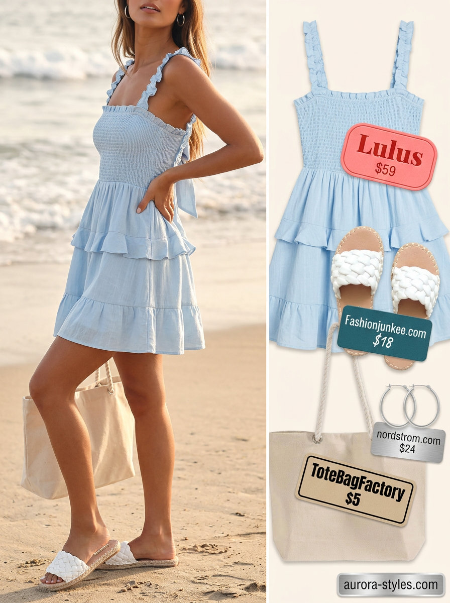 Sky blue A-line mini sundress with white espadrilles & tote for summer vacation resort outfits for women 2026.
