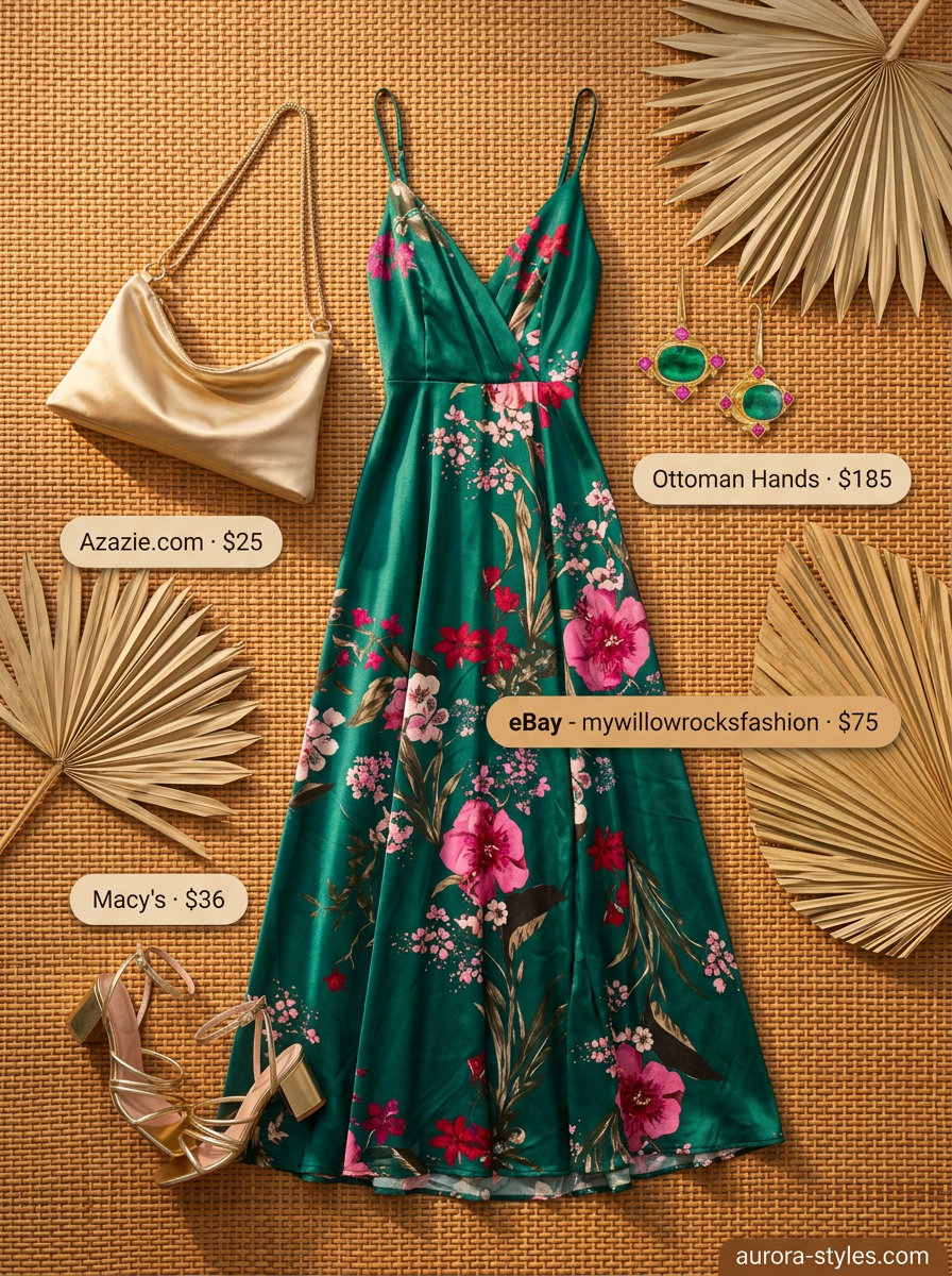 Emerald green tropical print maxi dress, gold sandals for summer vacation resort outfits for women 2026.